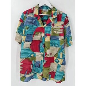 Alfred Dunner Womens Vintage Shirt Blue Red‎ Casual Abstract Top Sz 12